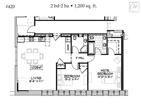 Floor plan for 2 beds, 2 baths